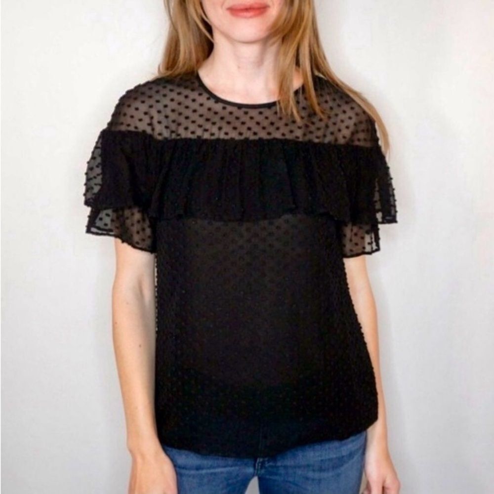 J. Crew Sheer Black‎ Silk Top Swiss-dot Flutter Sleeve Romantic Whimsigoth